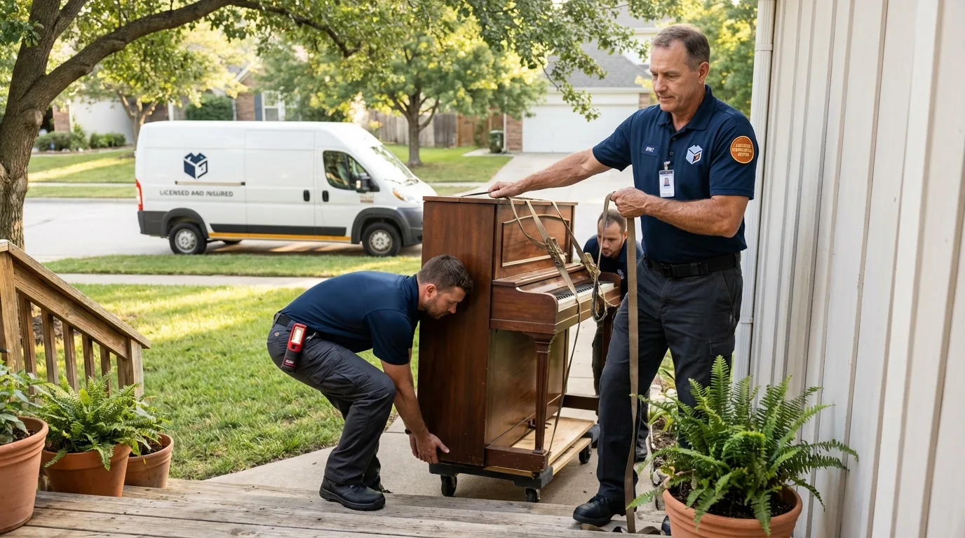 Licensed piano movers securing grand piano in Moodus, CT