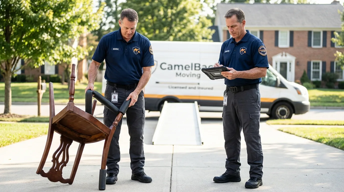 Movers inspecting furniture for damage prevention before loading in Moodus, CT