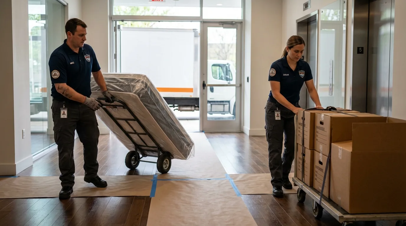 Professional apartment movers loading elevator in Moodus, CT
