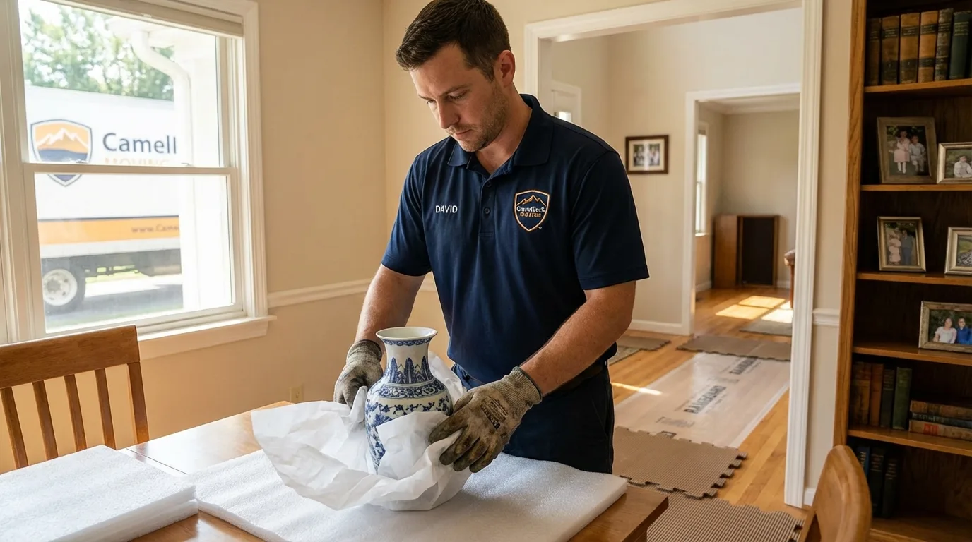 Professional crew carefully wrapping antique vase for senior downsizing move in Moodus, CT