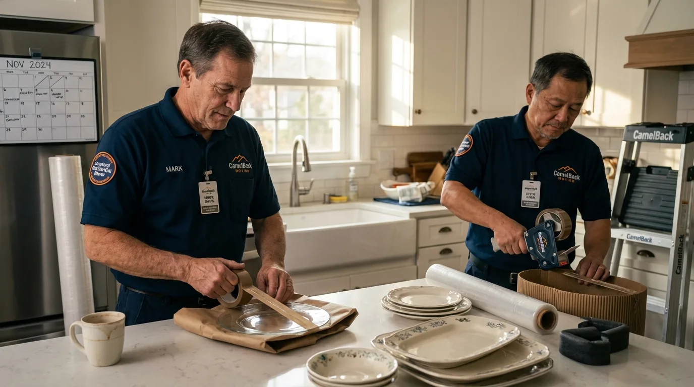 Professional crew packing kitchen dishware in Moodus, CT